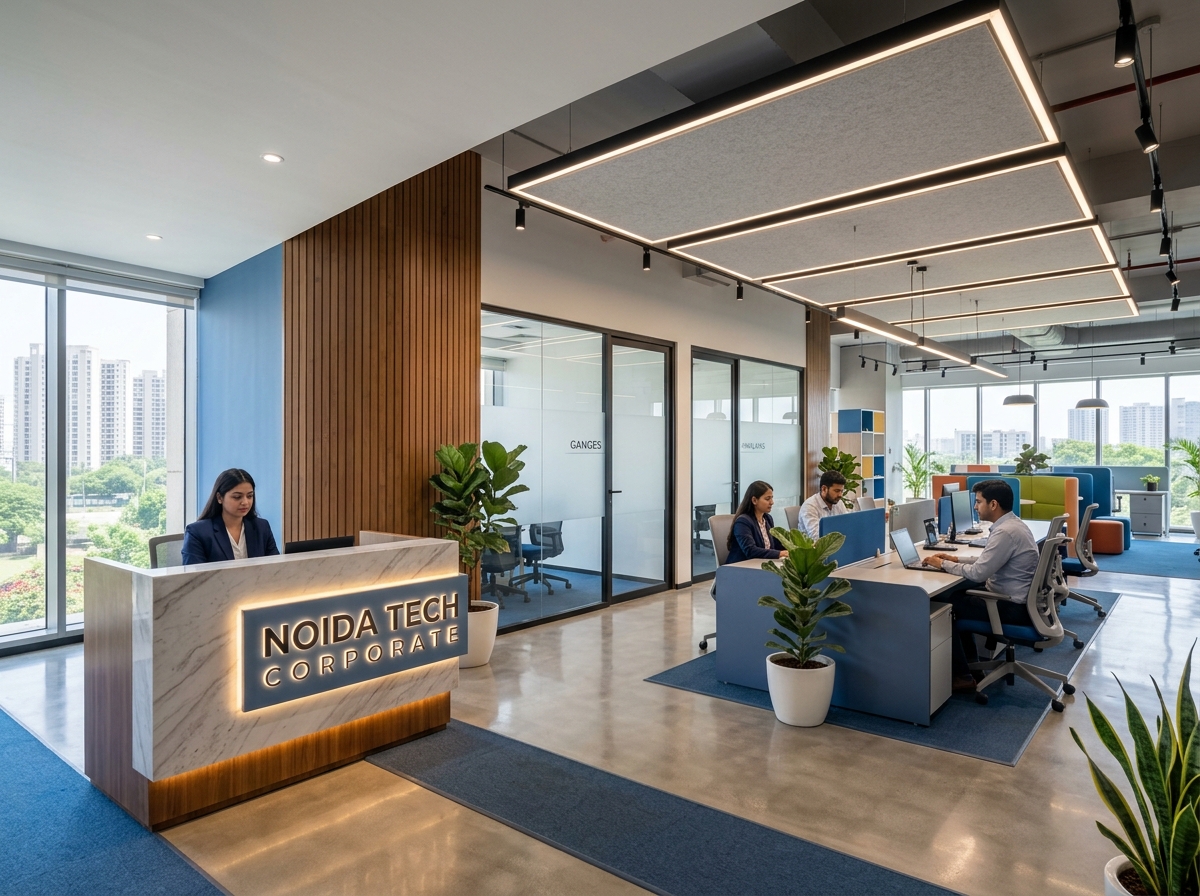Modern corporate office interior with glass partitions and ambient LED lighting