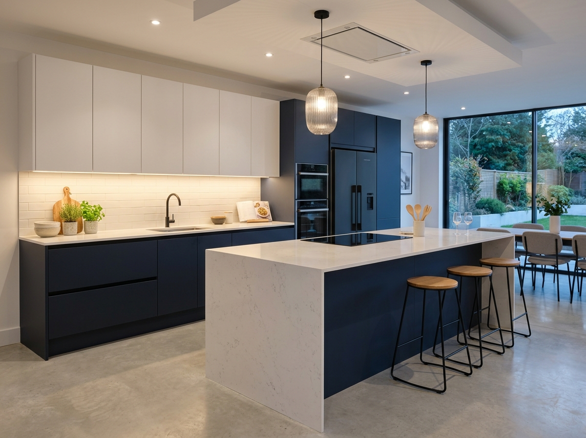 Luxury modular kitchen with navy blue handleless cabinets and quartz island