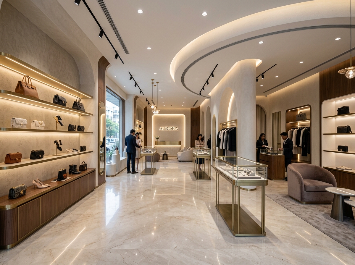 Luxury retail showroom interior with backlit displays and marble floors